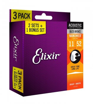 Elixir 16538 NANOWEB Coating Custom Light 11-52 3-PACK